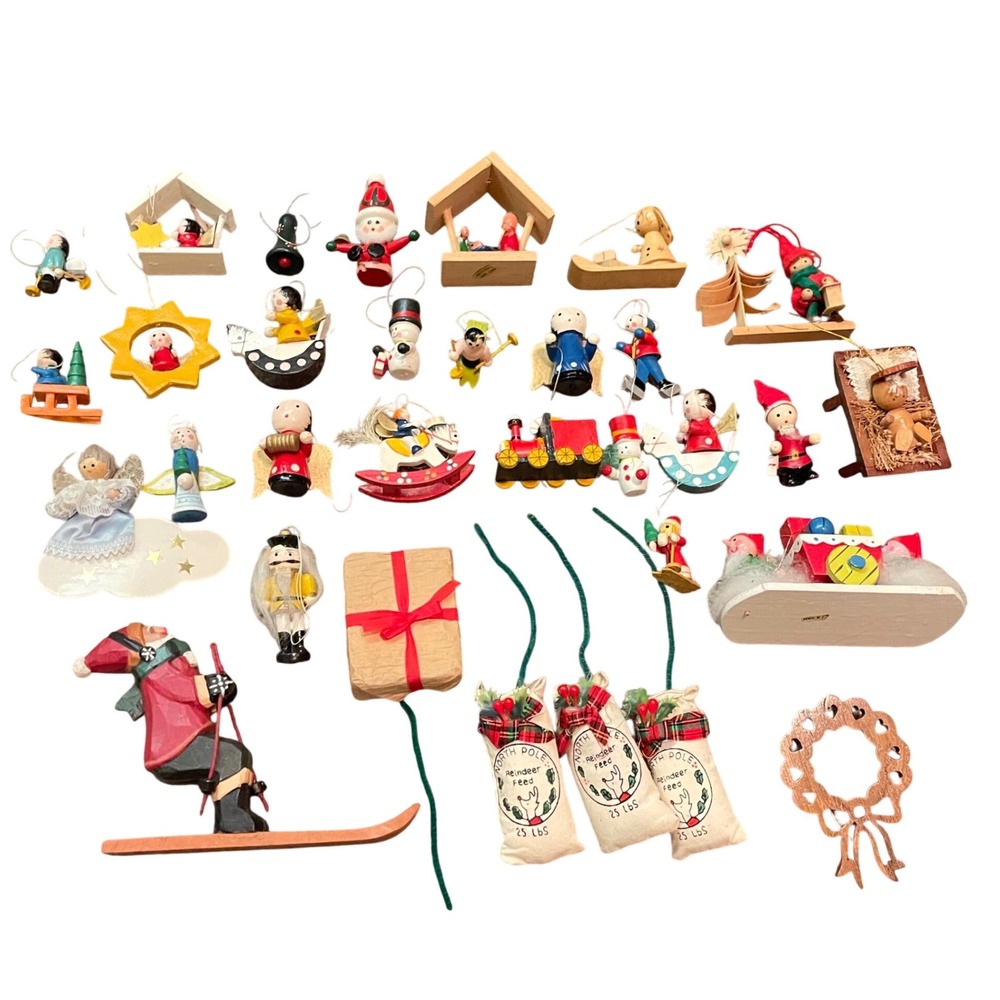 Vtg kitschy 70s plush Wooden felt ceramic Christmas Tree Ornament lot 32 taiwan